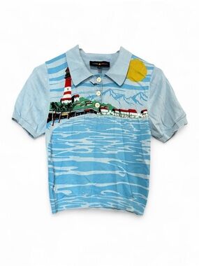 Teddy Fresh Retro Coastal Lighthouse Print Jacquard Knit Polo Top